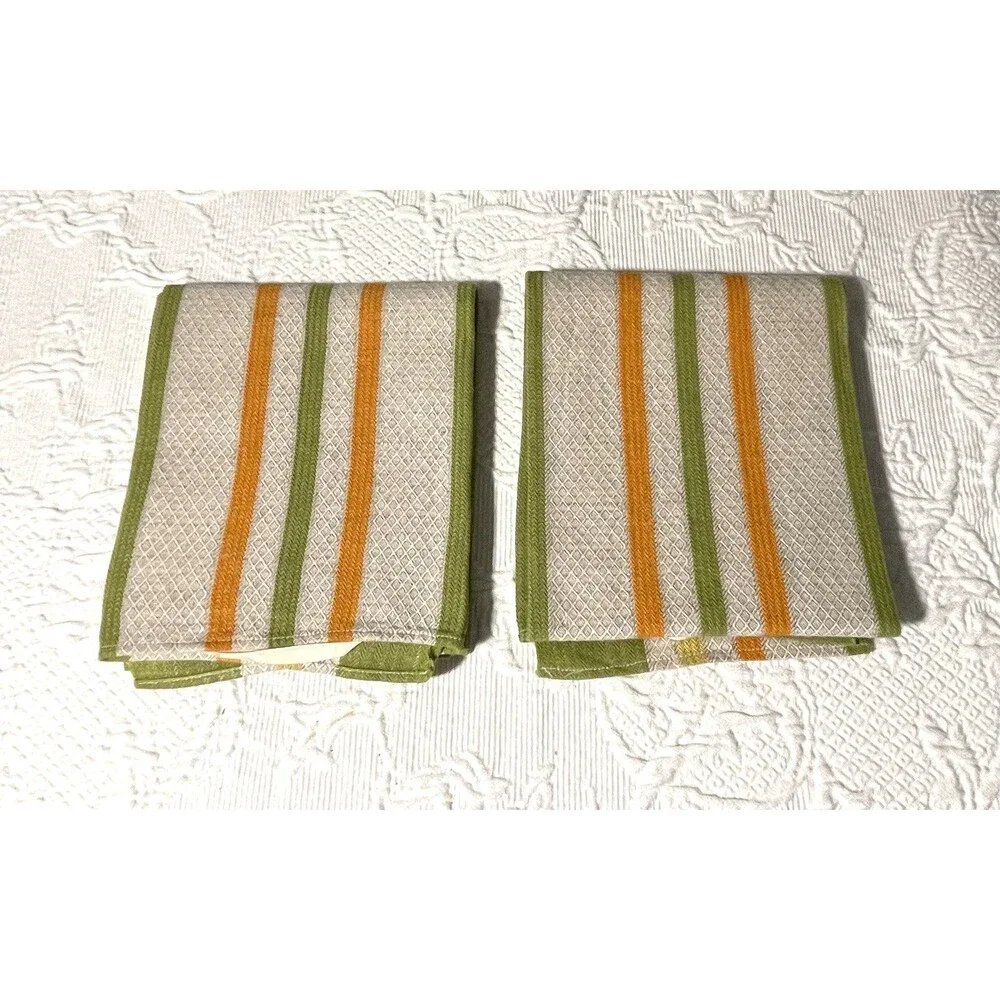 2 - Tea Towels Textured w Vertical Green Orange Stripes Hang Loops on both ends